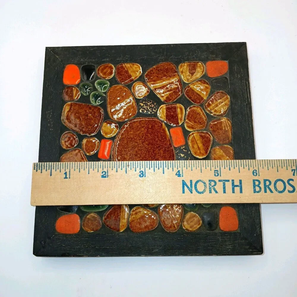 Brown Orange Black Brown Mosaic Stone Tile MCM Trivet Hot Plate Made in Japan